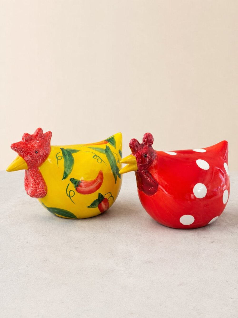 Whimsical Ceramic Chicken Figurines Pair Red Polka Dot Yellow Pepper 8 Inch